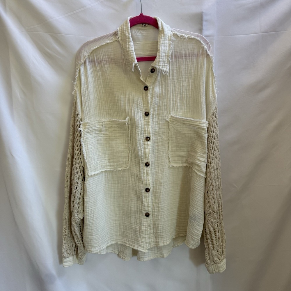 POL Women Button Shirt Ivory Crochet Sleeves Oversized Boho Beachy, Size M